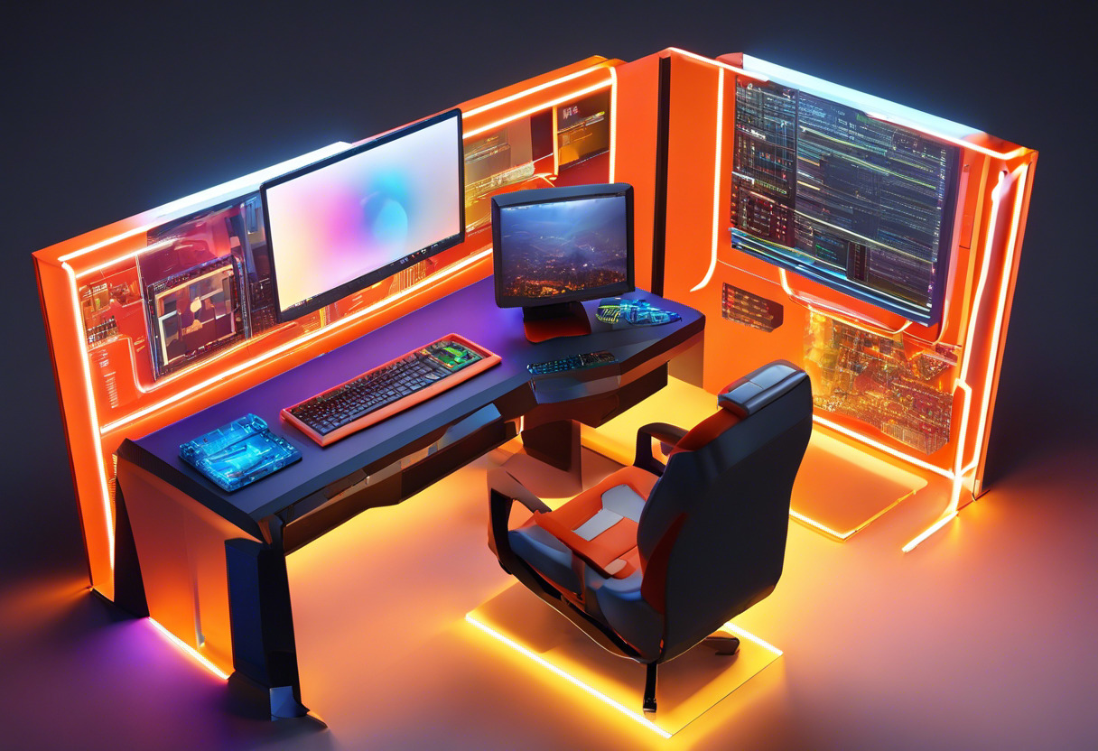 Colorful Workstation depicting a developer coding a 3D game, using the PlayCanvas platform