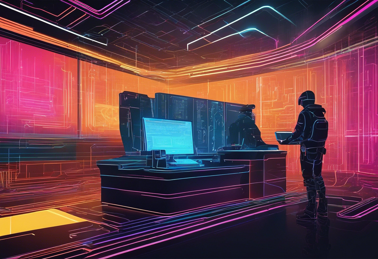 command Trench-coated coder, engrossed in abstract lines of C++ code, crafting a new reality with Unreal Engine, in a neon-lit workspace