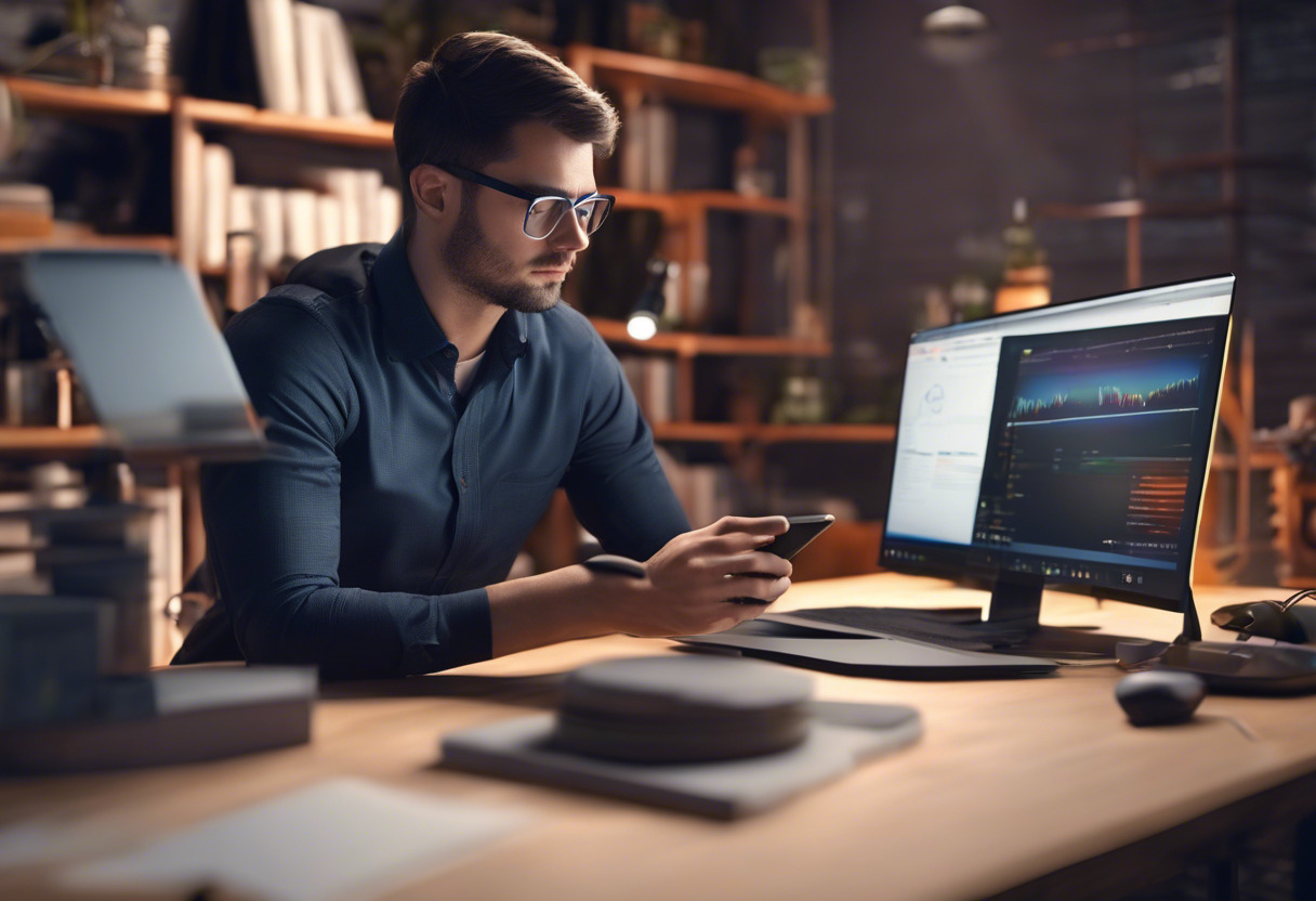 Cross-platform app developer pondering over multiple device emulators displaying an attractive, functional app