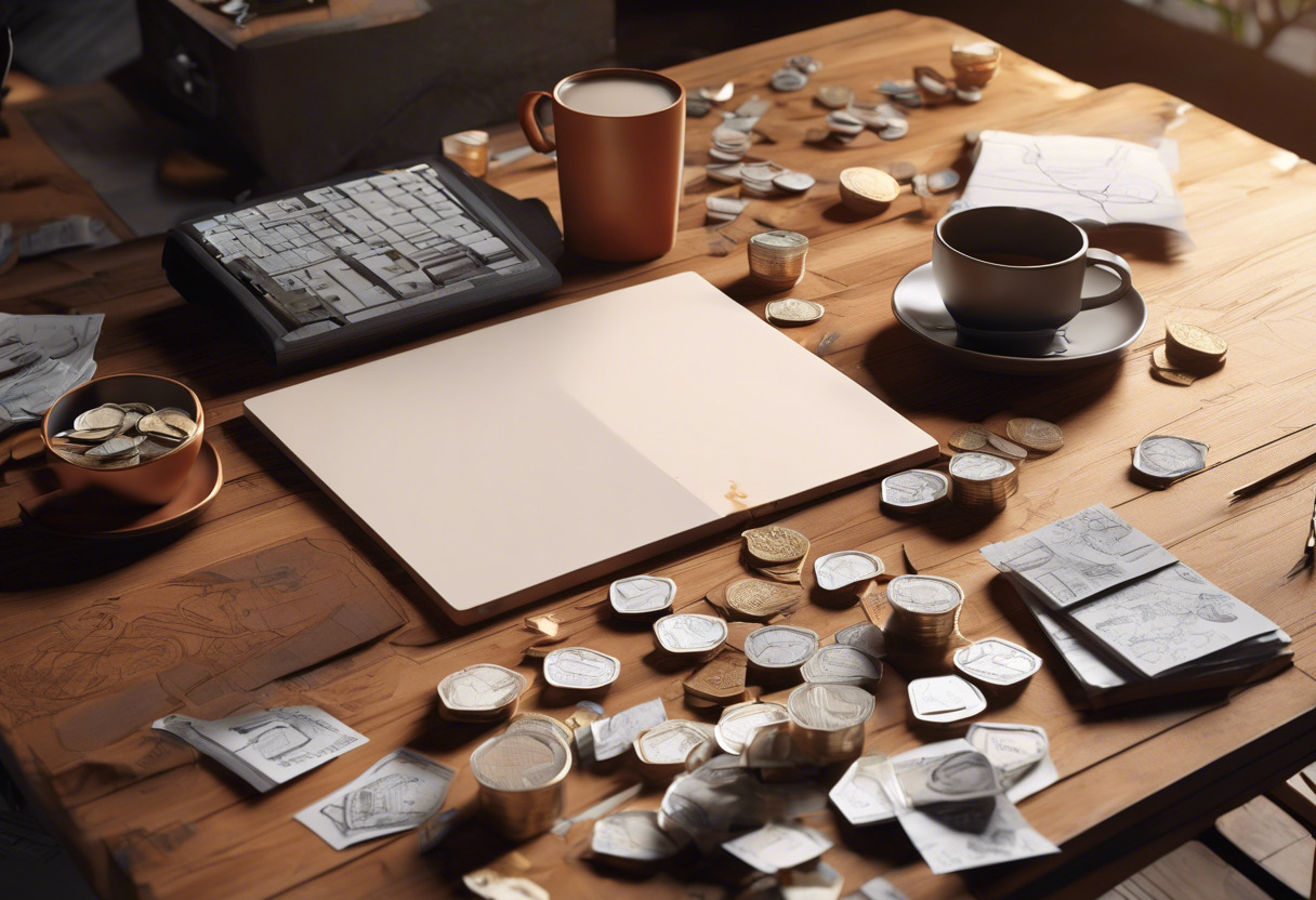 desk littered with coffee cups and crumpled sketches, indie developer counting coins, contemplating GameMaker's tier options