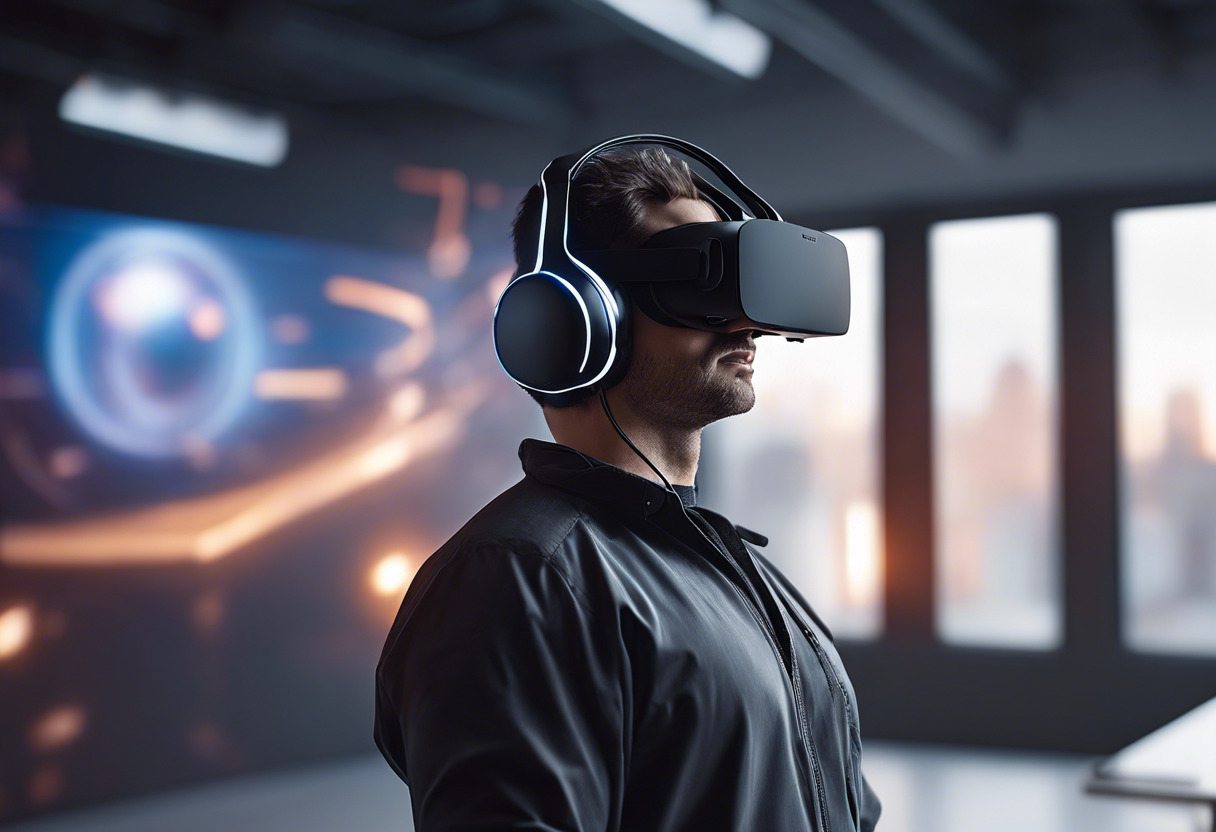 Developer immersed in VR creation using a high-tech headset and controllers