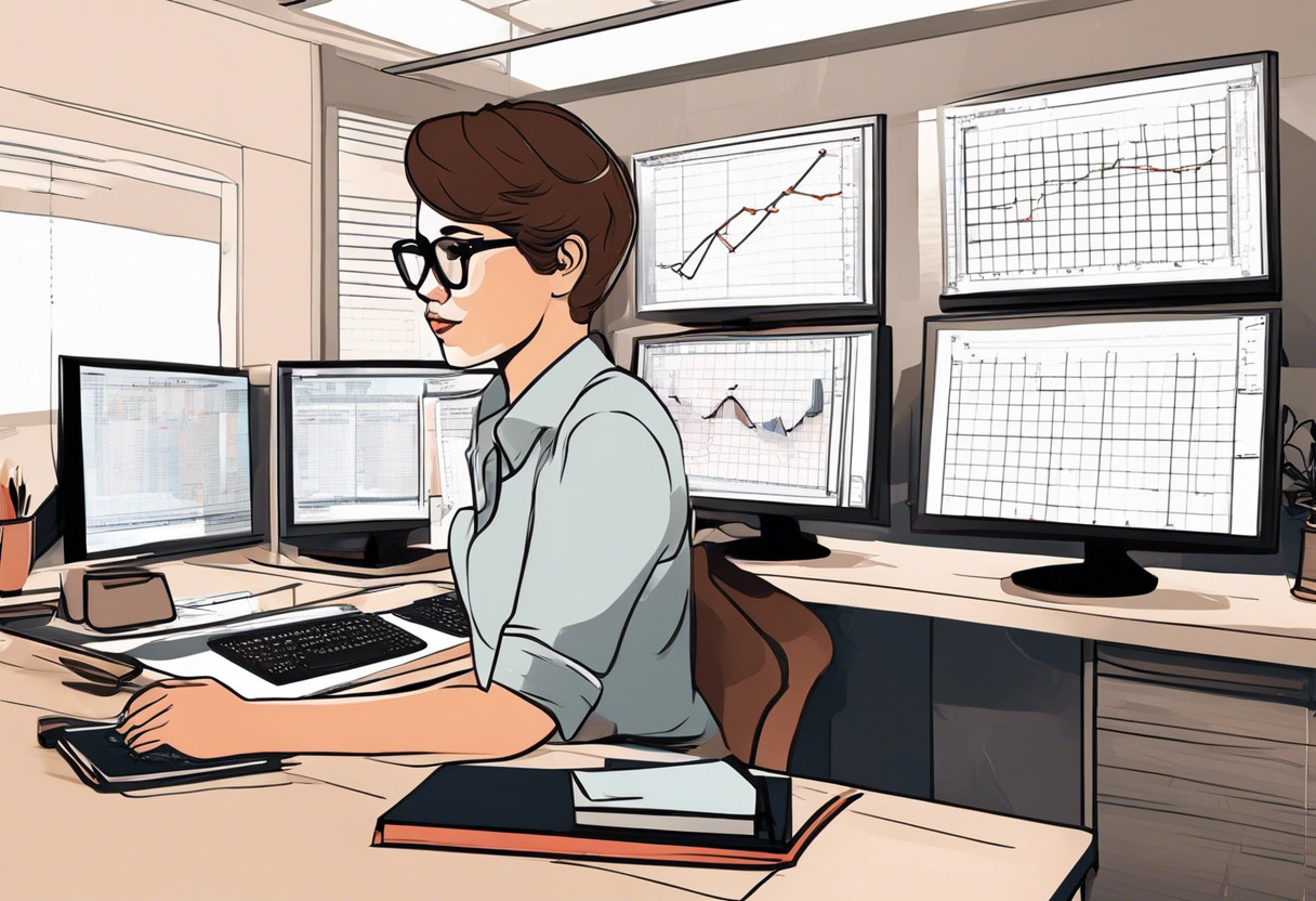 developer with glasses and short brown hair, sitting at a desk with two computer monitors showing various graphs and visual data, in a well lit room.