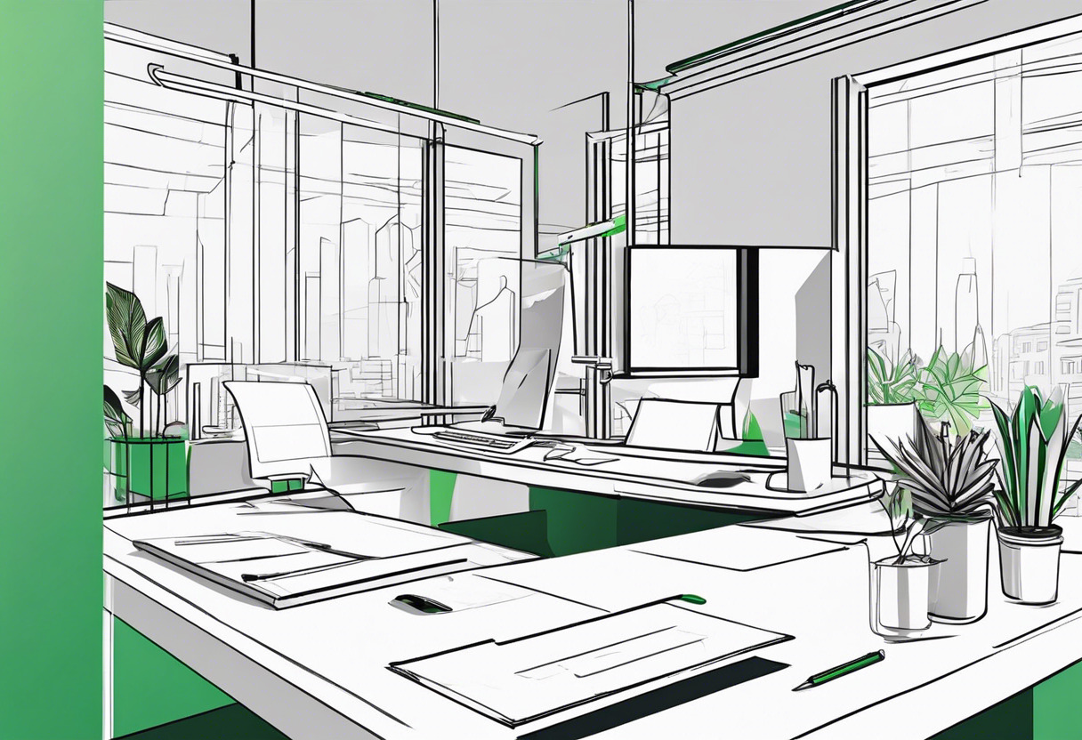 Eco-conscious designer selecting sustainable options on a bright, clean, green workstation