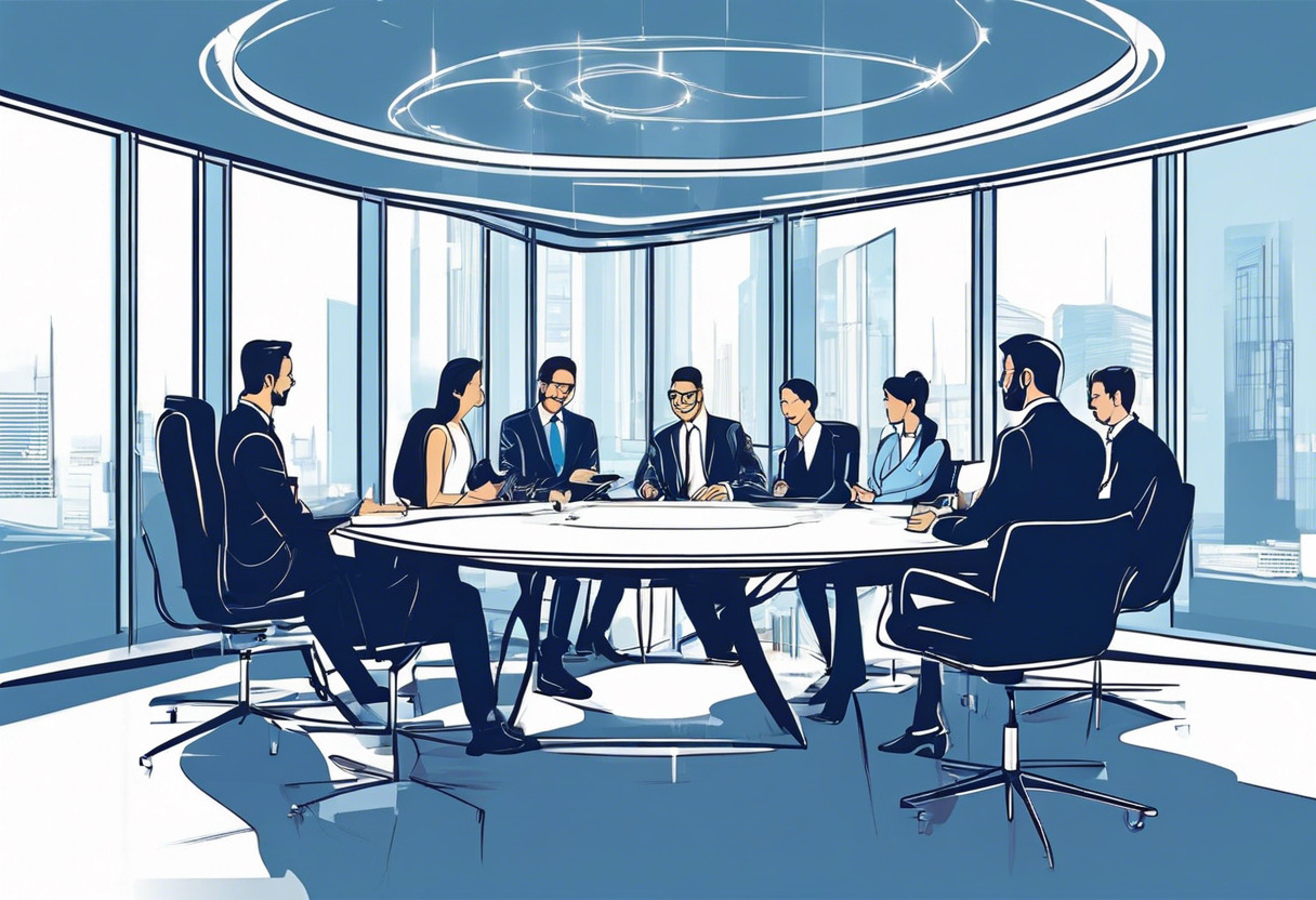 Enterprises discussing strategies at a round table, blue-print of applications on table, bright office room