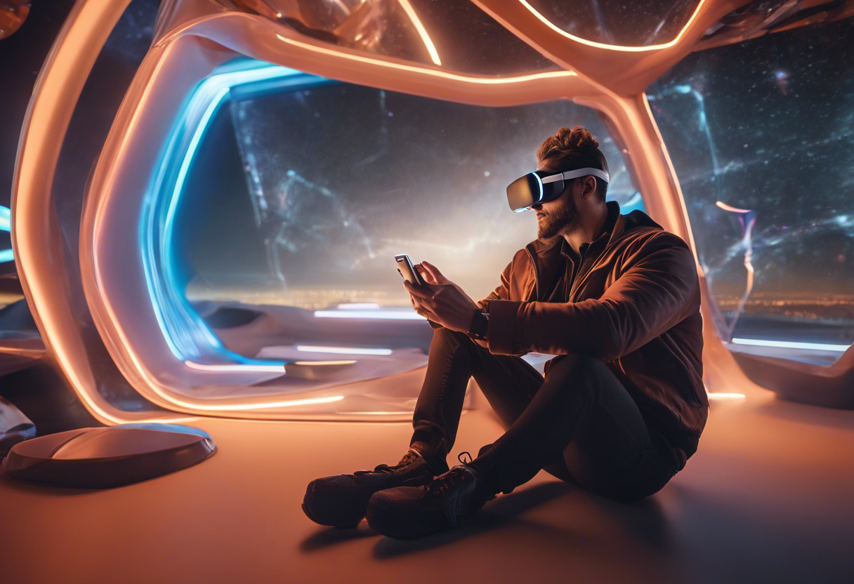 Enthusiast sitting in a futuristic environment consuming AR/VR content, expressing excitement at the immersive experience powered by 8th Wall on their mobile device.