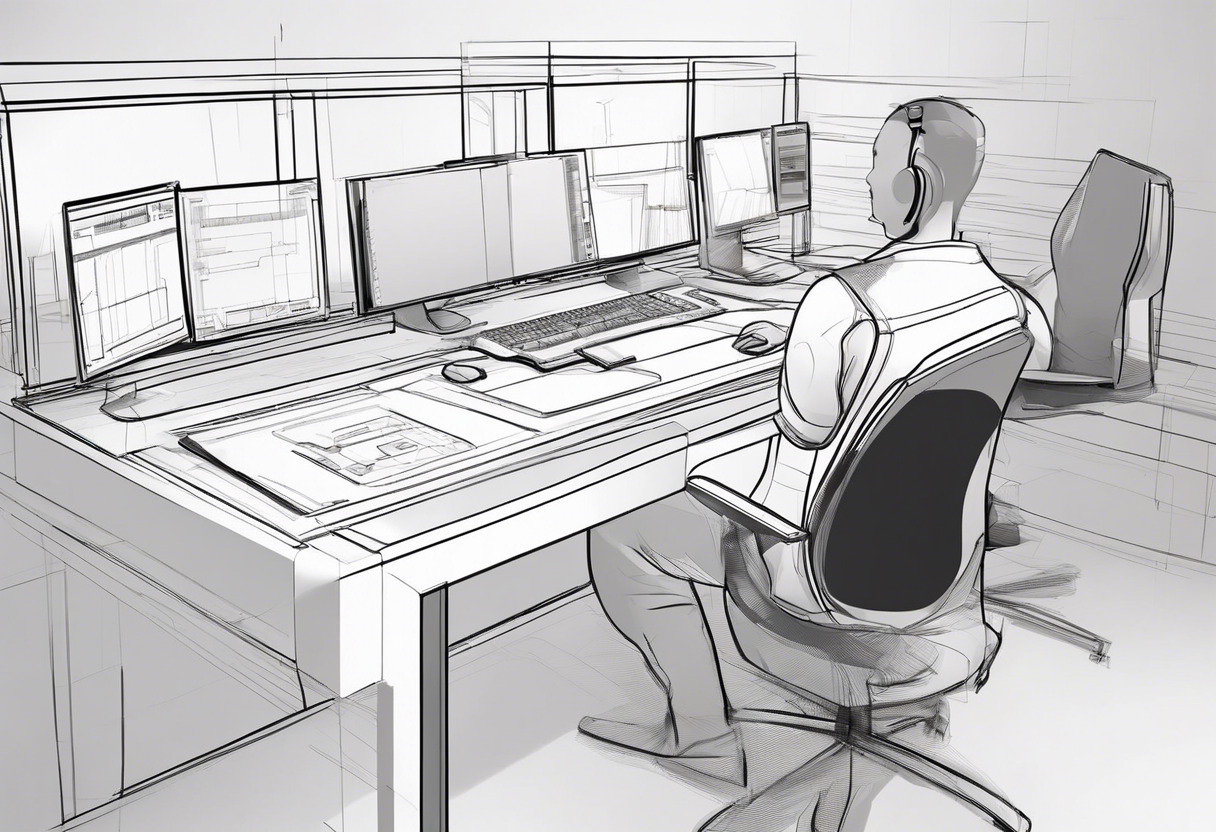 Experienced 3D animator meticulously perfecting a character's movement on high-tech workstation.