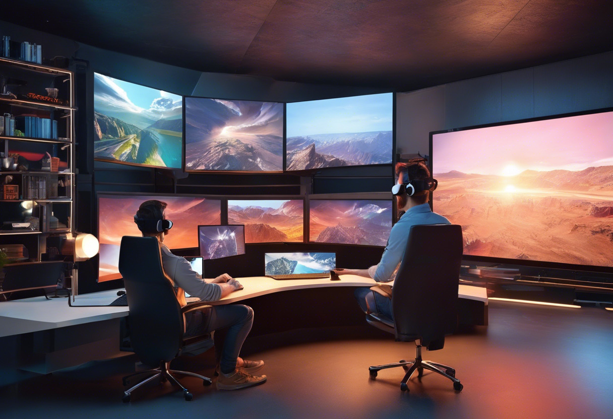 Game creator designing an immersive virtual reality world on a wide screen.