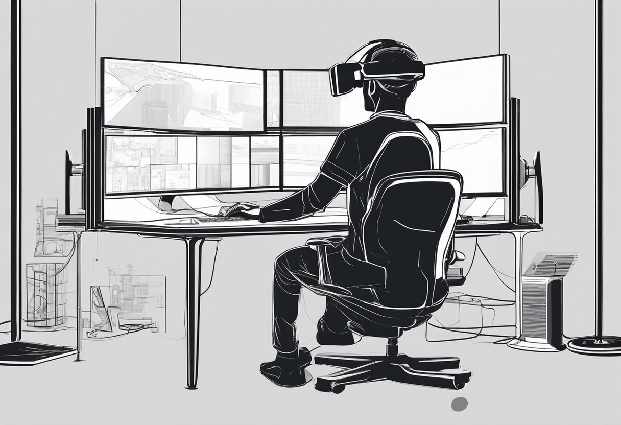 Game developer with VR headset, intently crafting a virtual world on a multimonitor setup