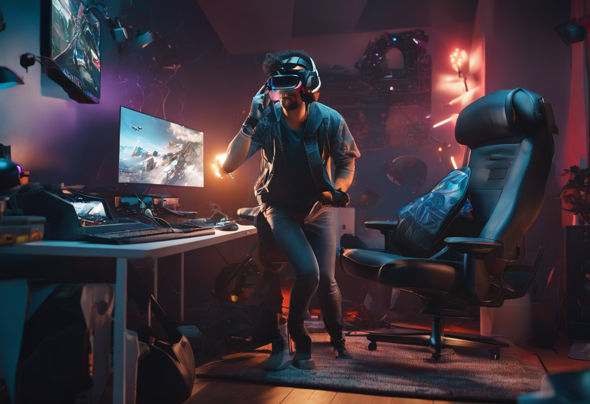 Gamer wearing HP Reverb G2 playing VR games in a cluttered room