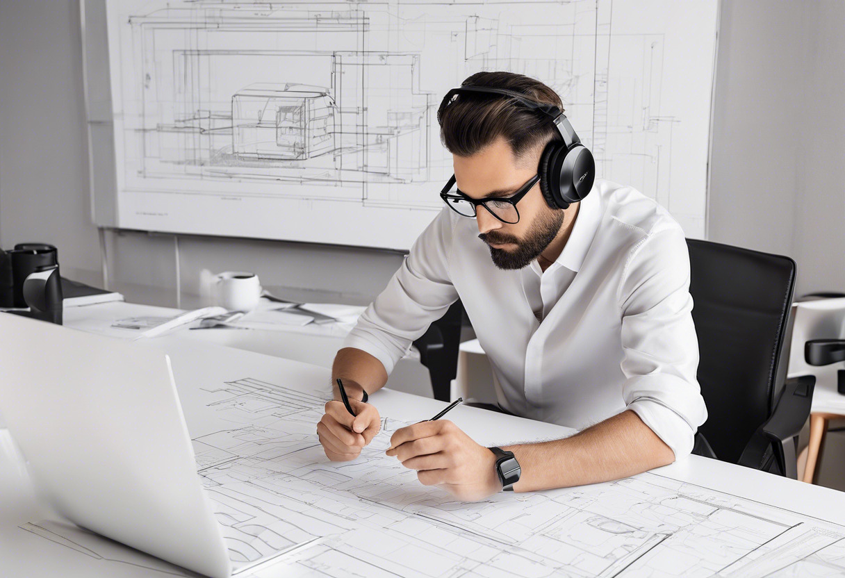 Graphics designer scrutinizing display quality on a Varjo Aero headset with schematics in the background