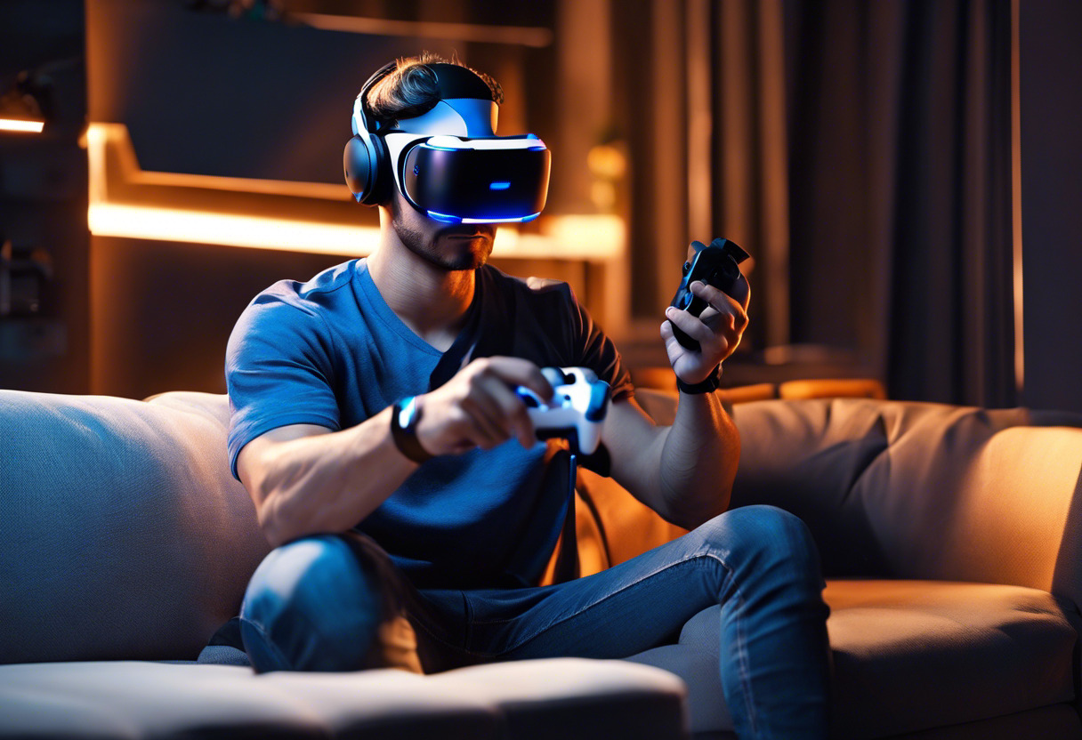 hardcore gamer sitting on a comfortable couch, having an exhaustive PlayStation VR gaming session