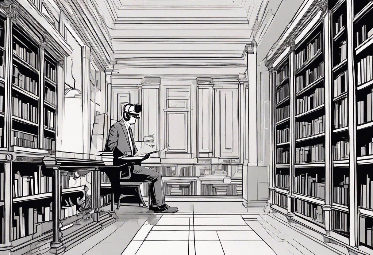 Historian in a library, absorbed in a book about VR's intriguing timeline, with VR headset by side