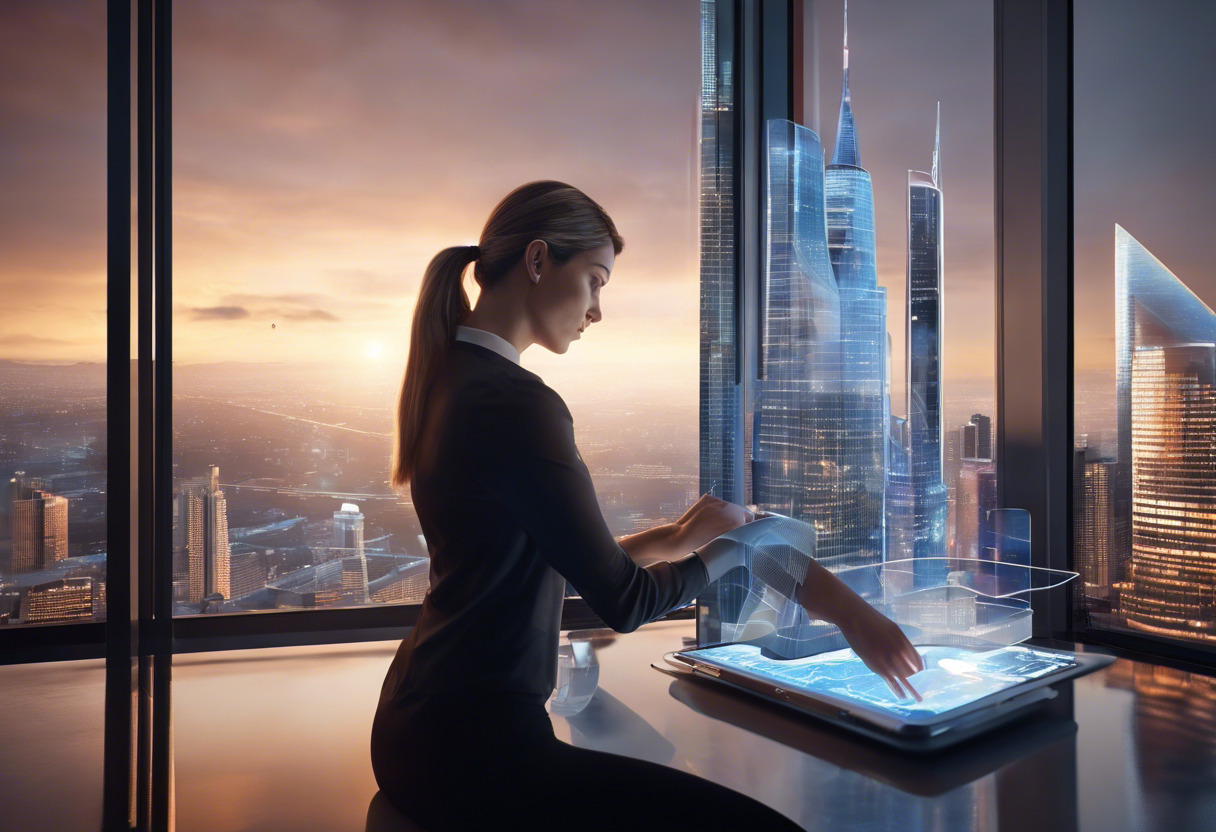 interactive display designer scrutinizing a complex digital design on her tablet with the modern cityscape behind her glass office.