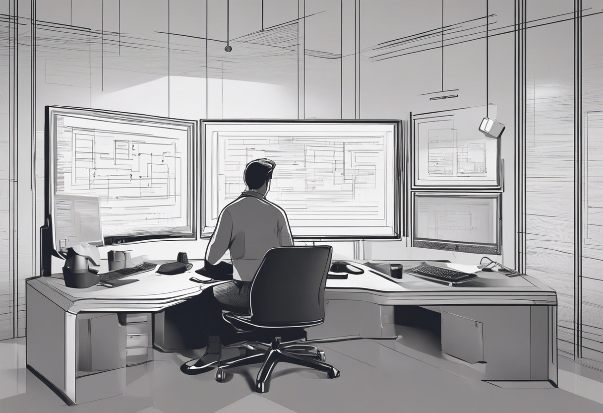 Middle-aged man, scrutinizing lines of code on multiple monitors, framed certificates hanging on the wall