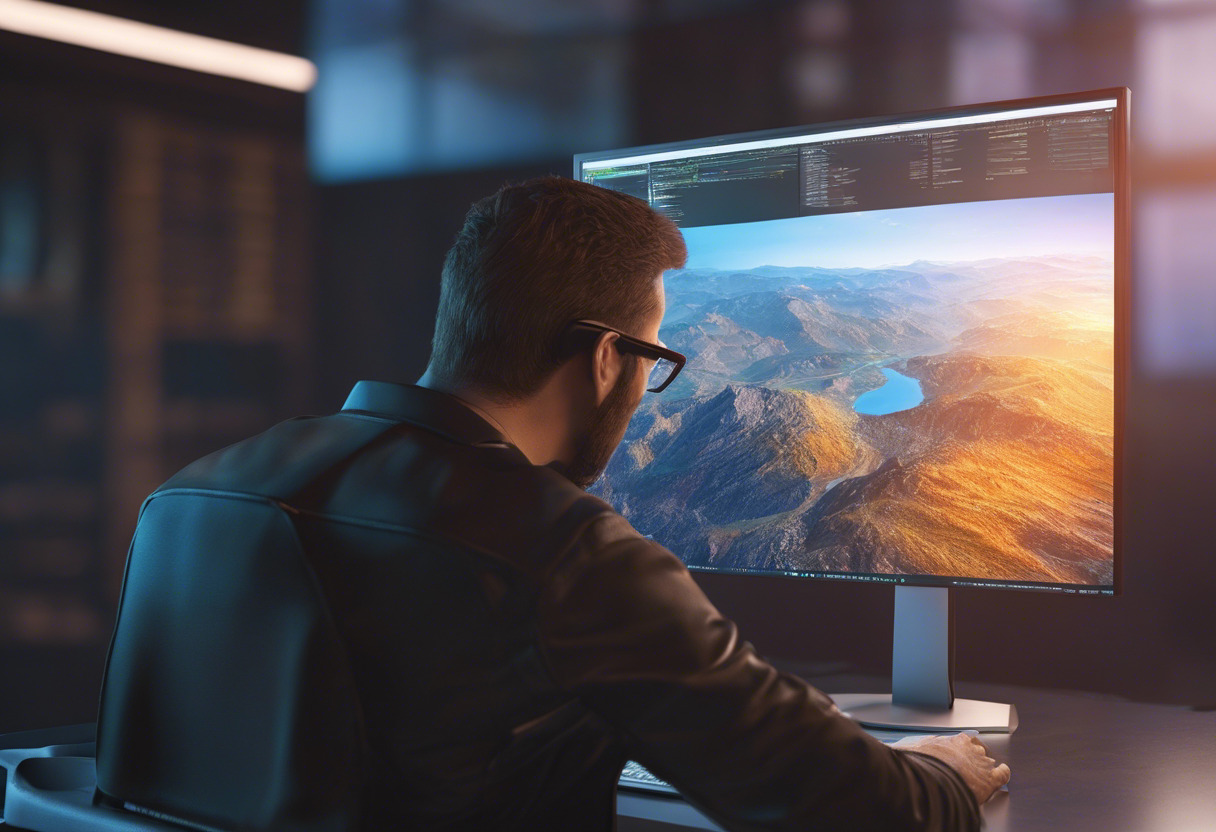 Professional 3D game developer viewing a complex 3D model on a high-resolution monitor