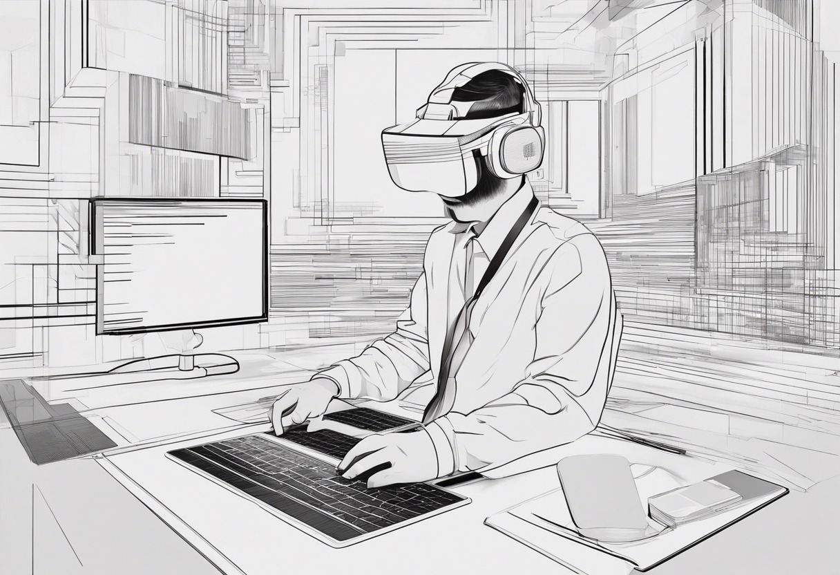 Software developer immersed in lines of code, depicting the complexity and potential of VR and Metaverse