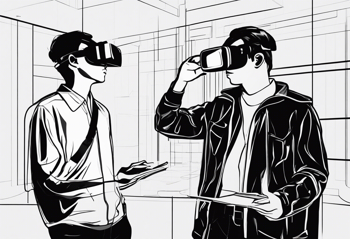 Two developers in VR headsets testing a new virtual reality game