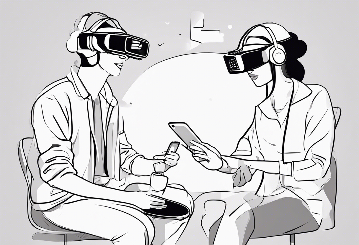 Two social media influencers wearing VR headsets engaging in an animated conversation