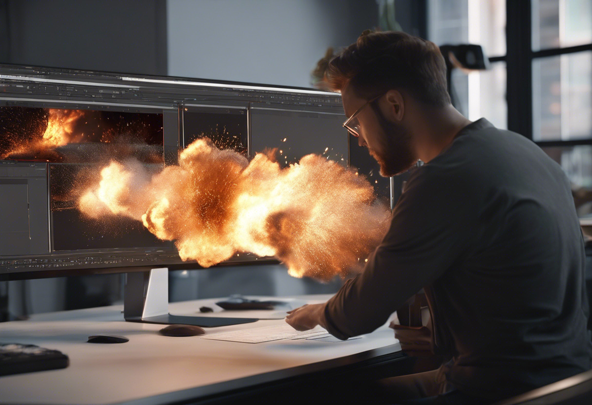 Visual effects artist adjusting details in an explosion effect using Maya's robust toolset, with storyboards on a side monitor