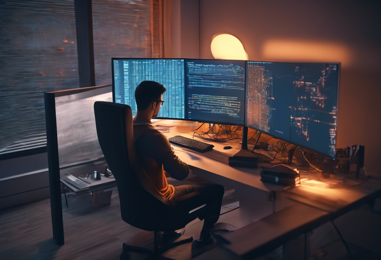 Young game developer analysing code on his computer screen in a modern office