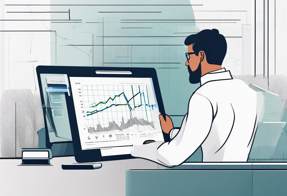 A determined business owner looking at the financial charts on a tablet, noticing an evident decrease in operational costs and downtimes after implementing Fiix.