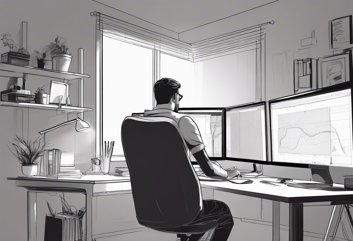 A developer deeply engrossed in adding graphics details in Blender on his dual-monitor setup in a softly lit, clutter-free room