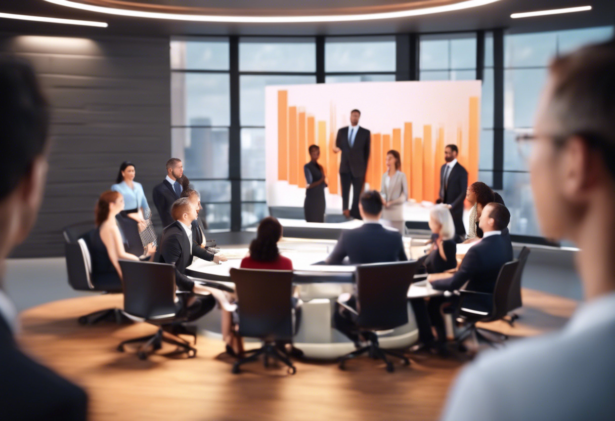 A diverse group of businesspeople engaged in a video training session on a large screen.
