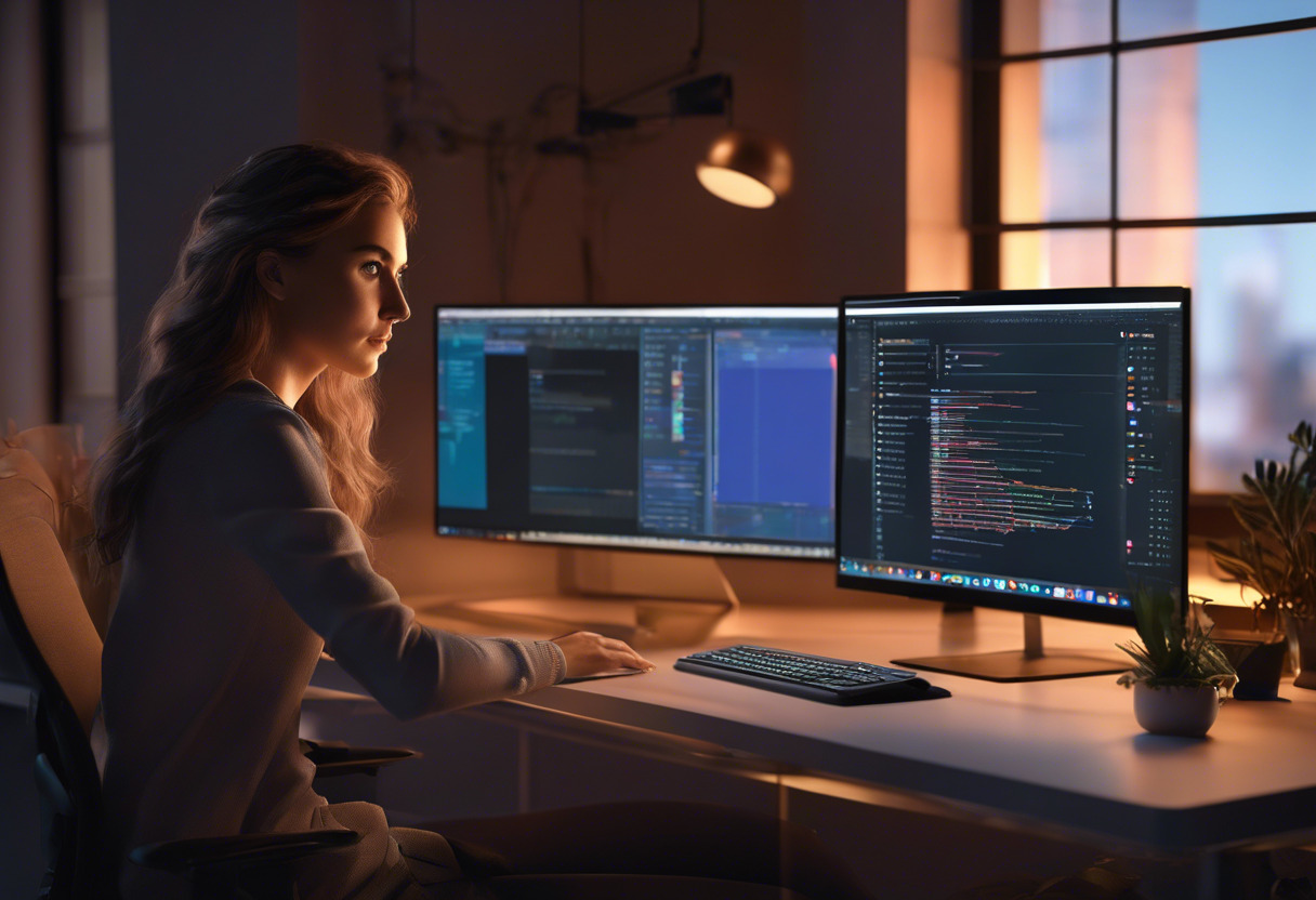 A female software designer working on custom routines using Jitter on a Windows desktop at a software firm