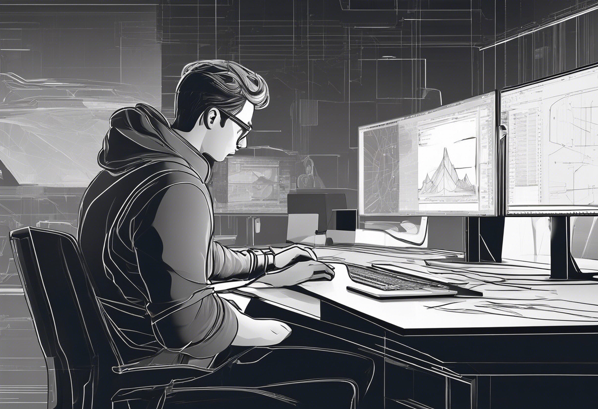 A game developer working on a complex 3D model, with Affinity Designer in the background on a desktop in a dark, high-tech studio.