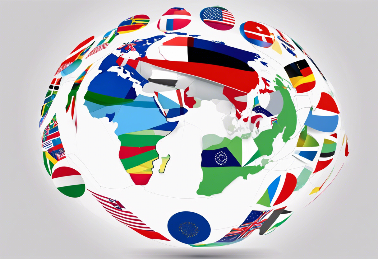 A globe overlayed with various flags representing the international scope of organizations.