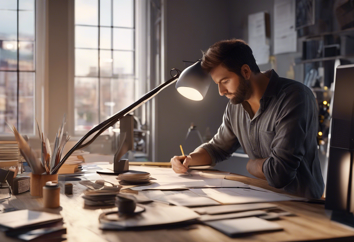 A graphic designer, amidst an array of Adobe software, scrutinizing the details in a photograph in a well-lit studio.