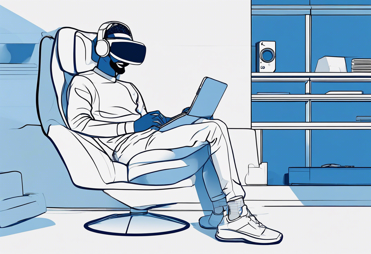 A hardcore gamer sitting on a blue gaming chair, immersed in the PSVR 2 environment with a PlayStation 5 nearby