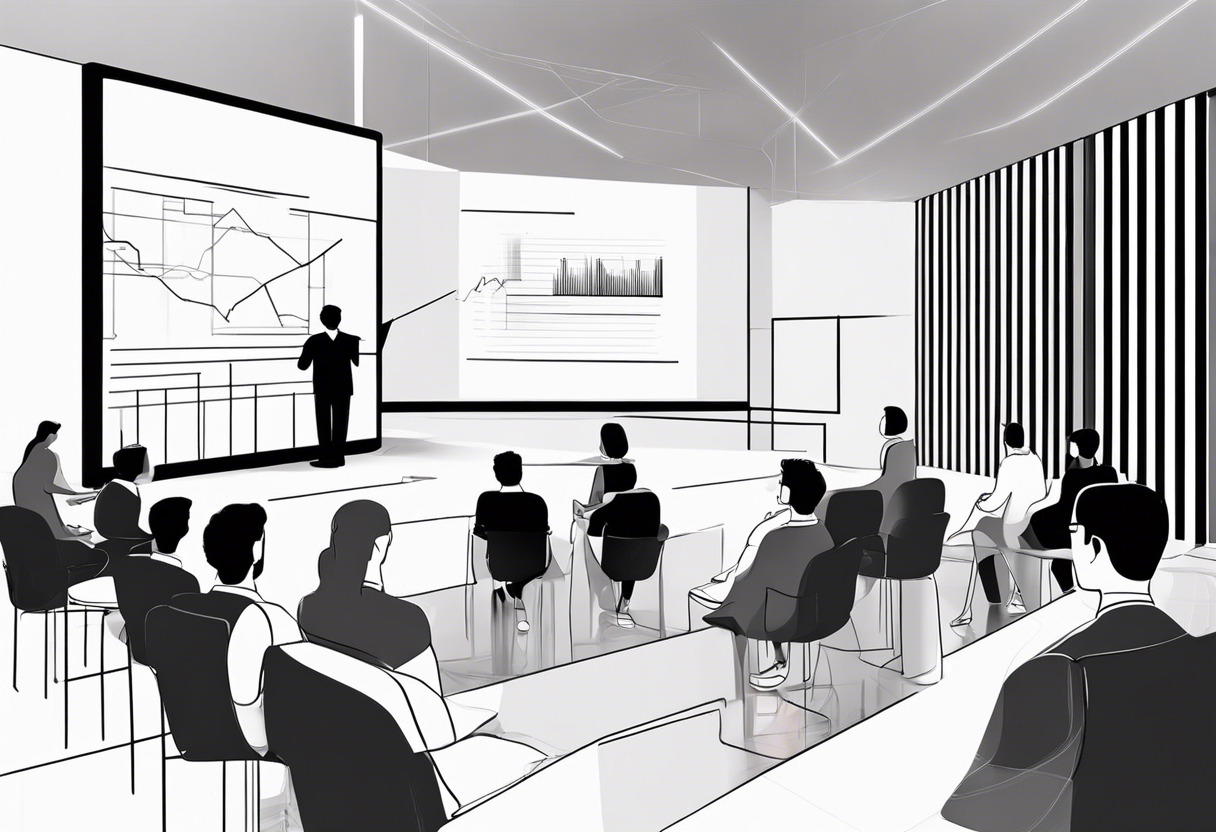 A remote worker giving presentation to virtual attendees in 3D immersive space.