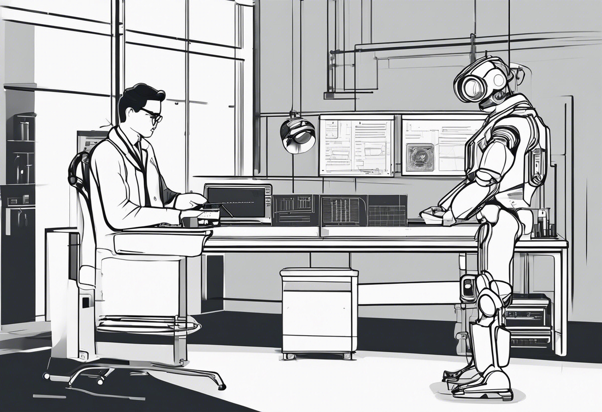 A scientist calibrating an autonomous robot in an advanced robotics lab