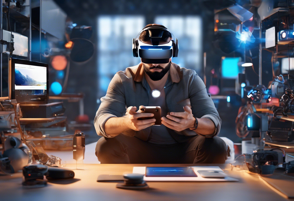 A tech enthusiast experimenting with an AR/VR headset, awed by the immersive metaverse, sitting amongst various gadgets and technological devices.