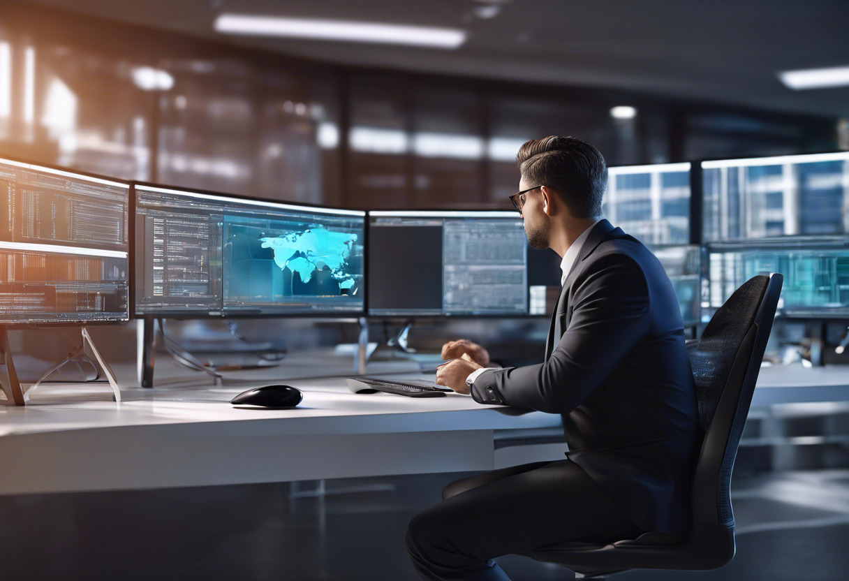 A tech executive exploring software on a multi-monitor setup, signifying large-scale integration on enterprise platforms