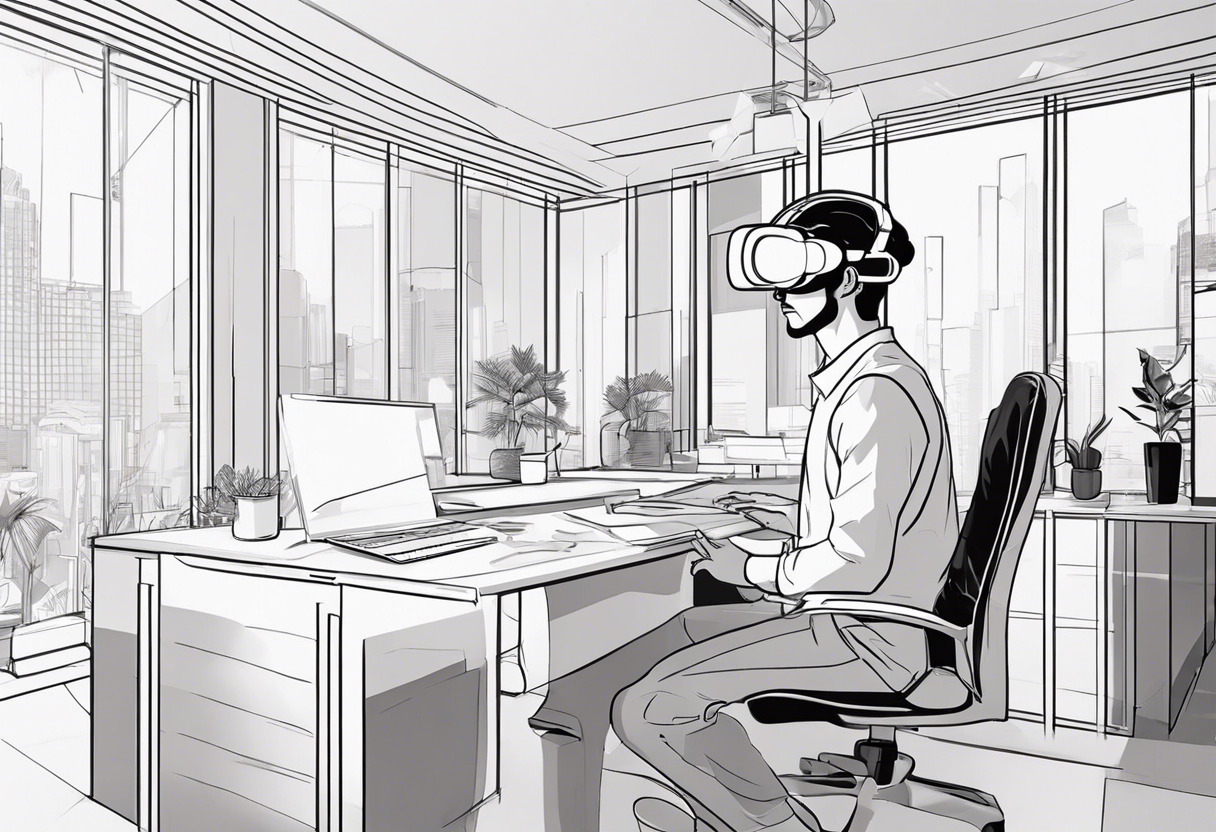 A VR developer adjusting their VR headset in an office with a zen decor
