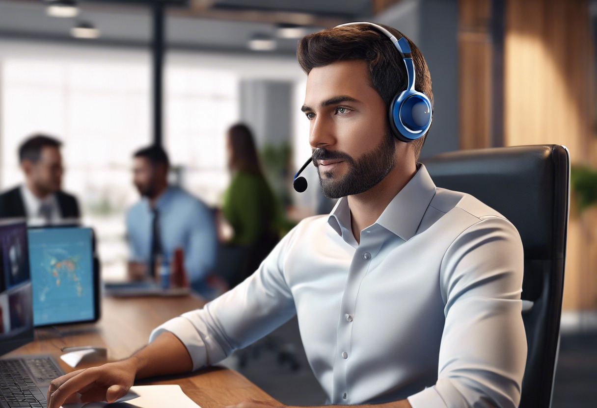 an employee wearing a headset while discussing business strategies at a company conference room