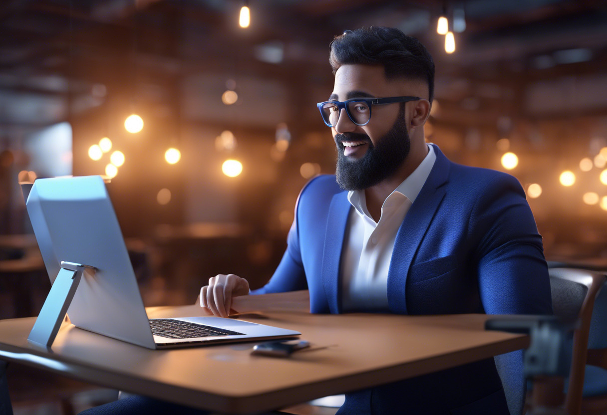 An enthusiastic online mentor teaching global audience via his high-tech laptop