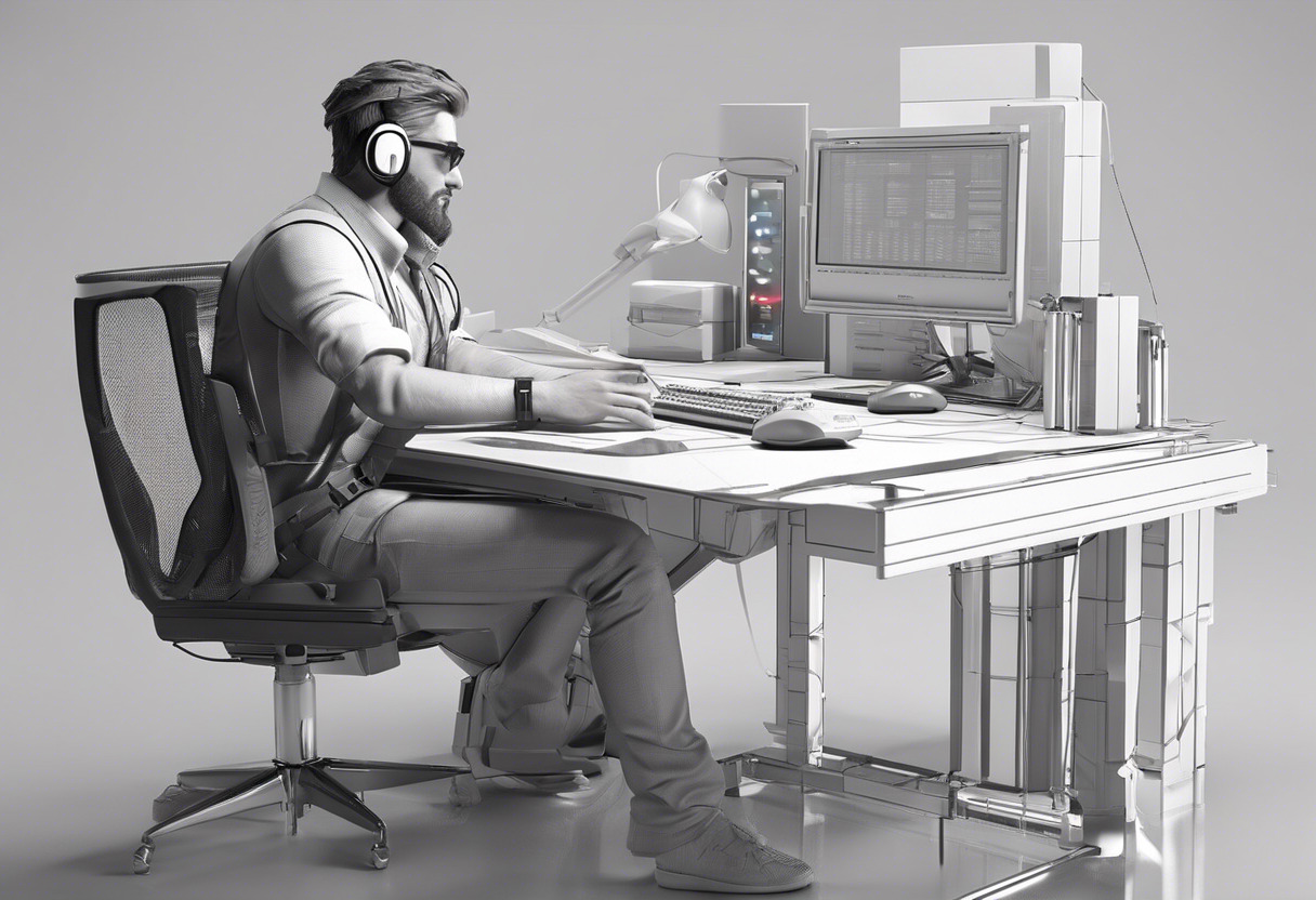 An experienced game developer sitting at a desk, deeply focused on creating a 3D game using Unity