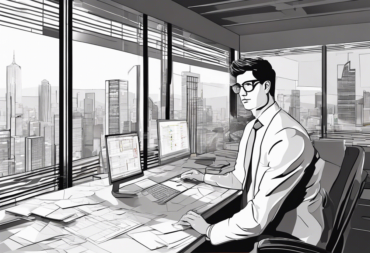 An SEO expert, eyes locked on TIOBE Index data, in a sleek office, with a mosaic of post-its containing search strategies and indexing keys on a wide window overlooking the city.