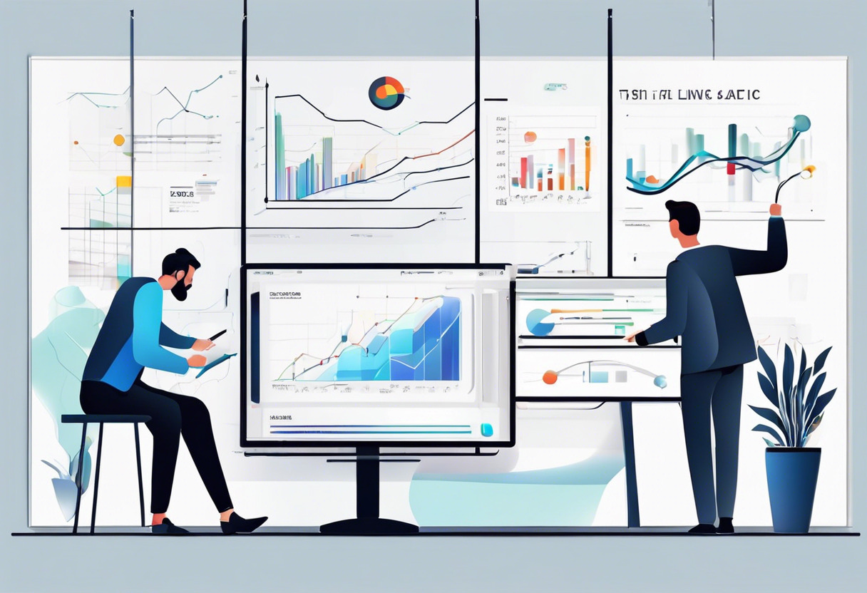 Analytics team busy with data interpretation on large screen with modern software tools