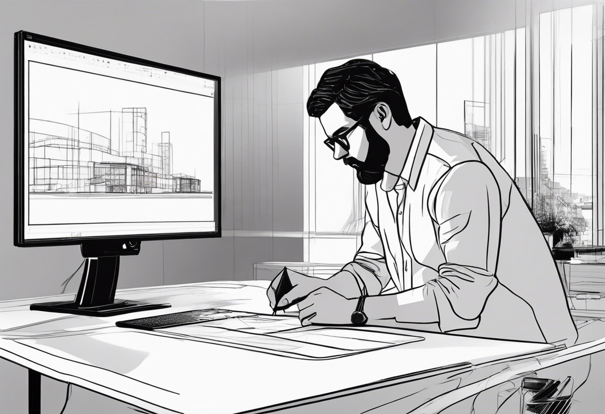 Architect sketching a building model, using SketchUp on a multi-screen computer setup in a bright studio