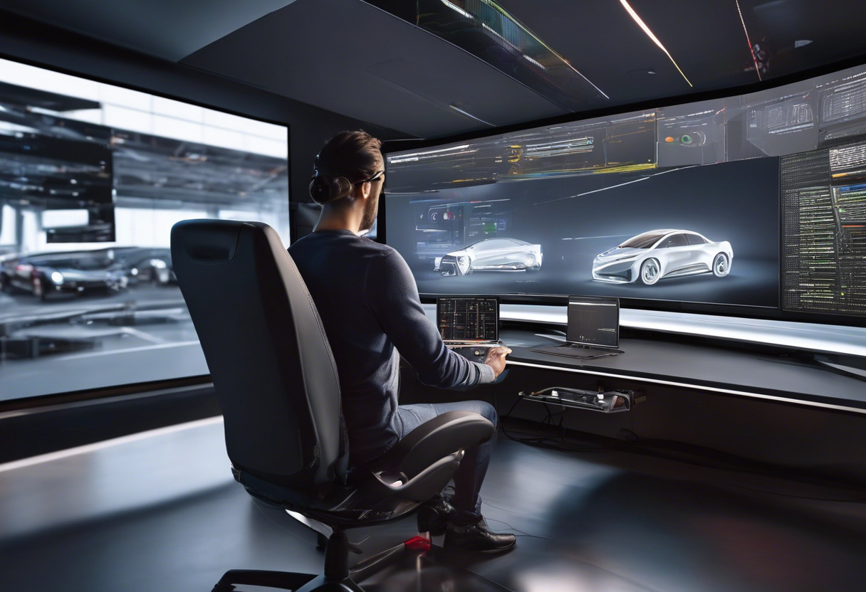 Automotive engineer testing autonomous car software on a multi-screen computer setup