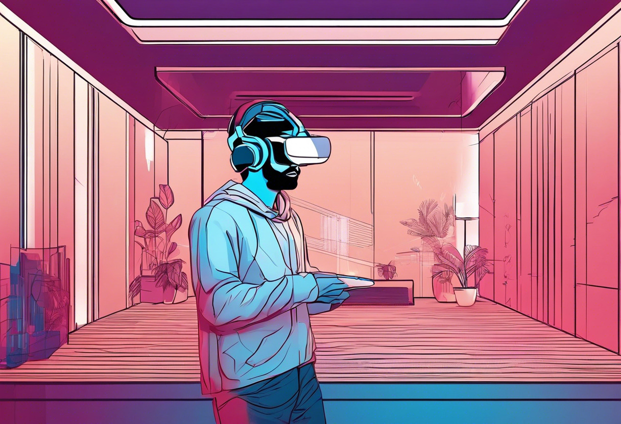 Avid gamer immersed deep into a virtual realm with a VR headset on in a room lit with ambient lights