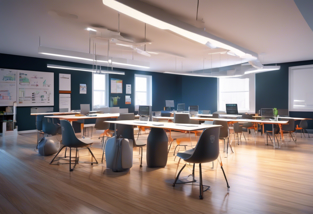 Classroom with students and mentor; HP Reverb G2, computers, and whiteboards in the background.