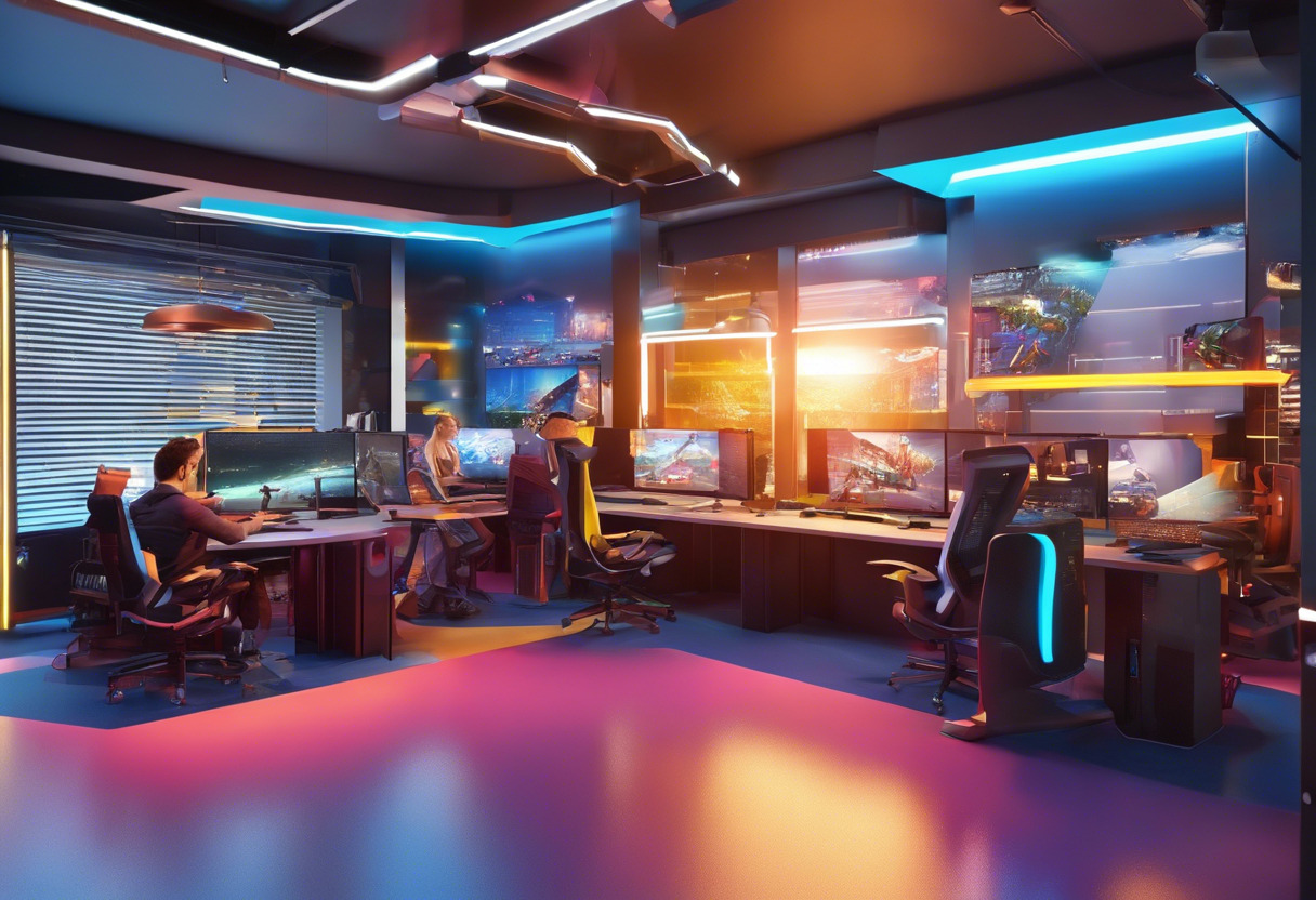 Colorful 3D game developers in a hi-tech work environment