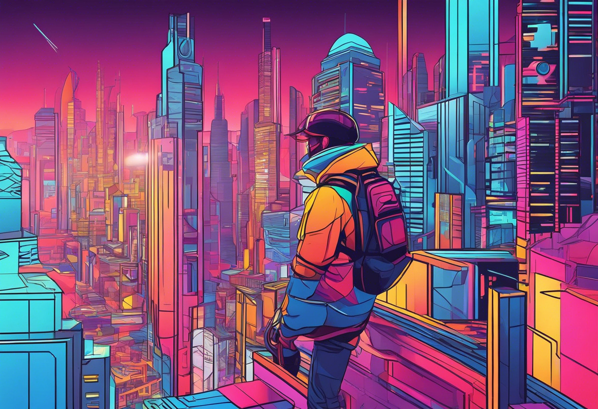 Colorful 3D gaming enthusiast exploring an epic adventure in a futuristic cityscape