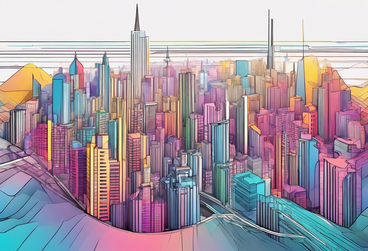 Colorful aerial perspective of a 3D cityscape augmented by a user on a computer