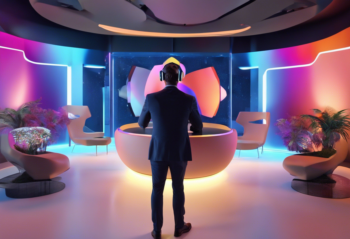 Colorful animation of a businessperson immersing in a digital landscape using the Pico 4 VR headset